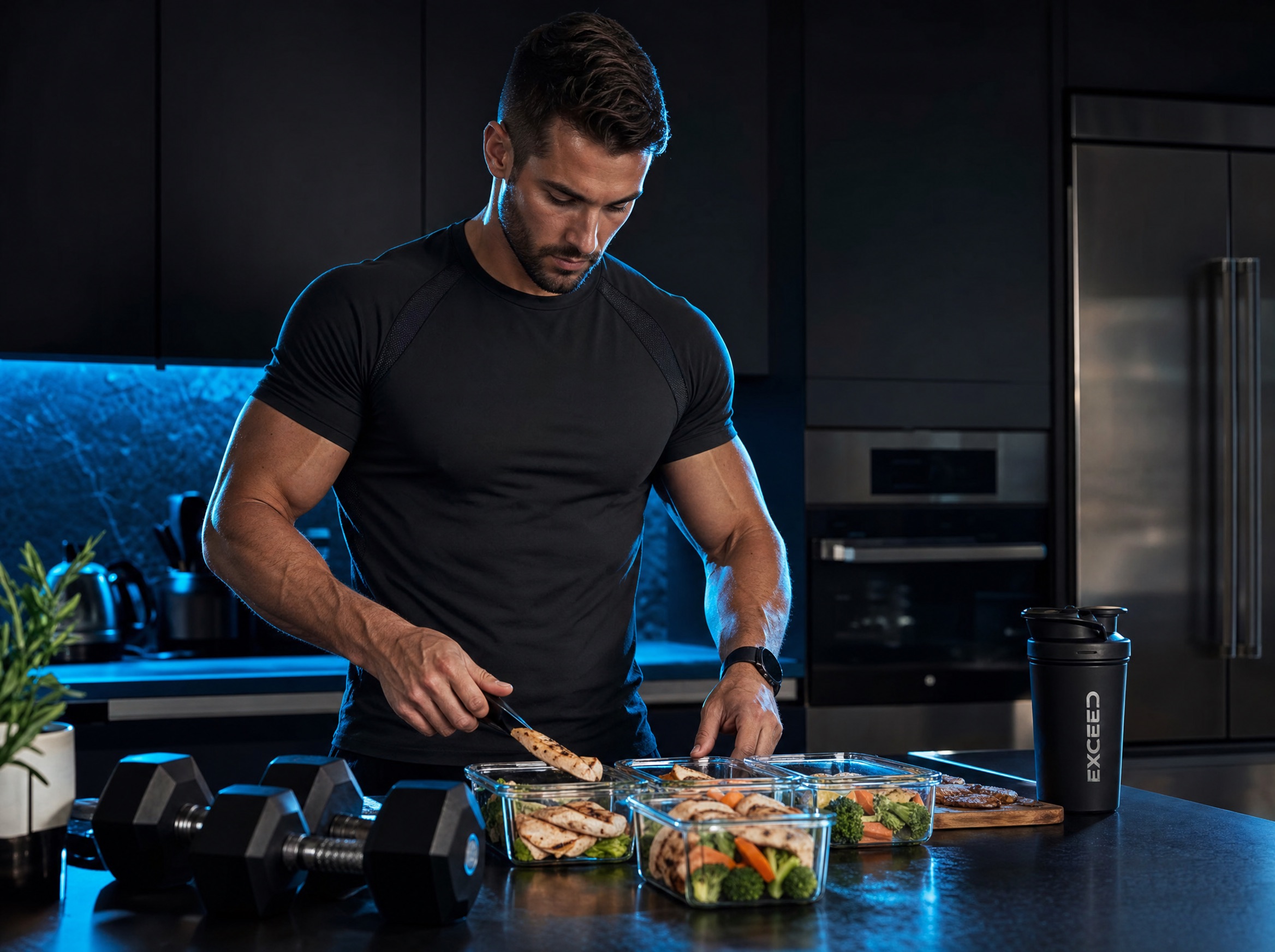 Meal prepping in a dark modern kitchen