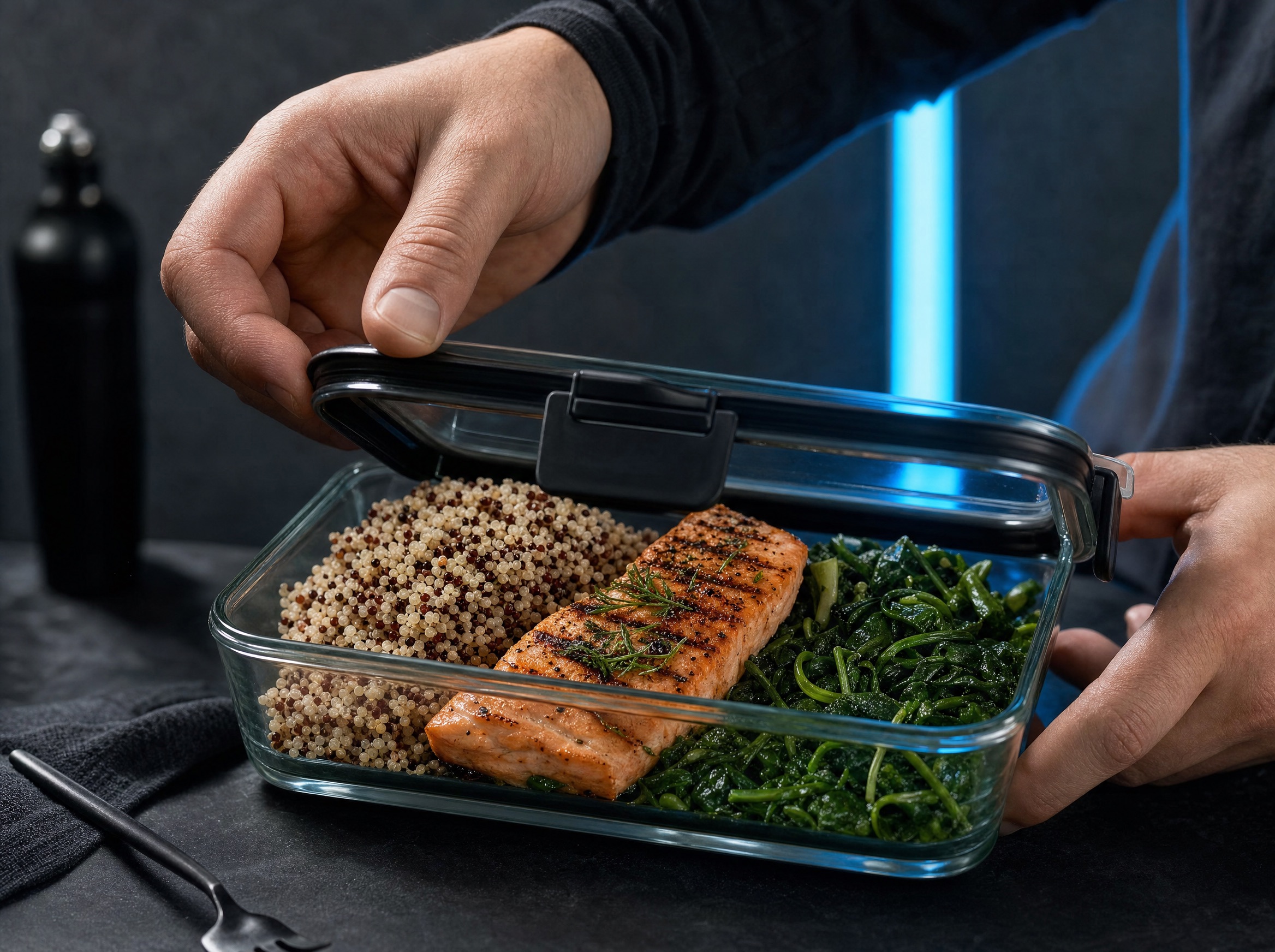 Opening a high-protein meal prep container